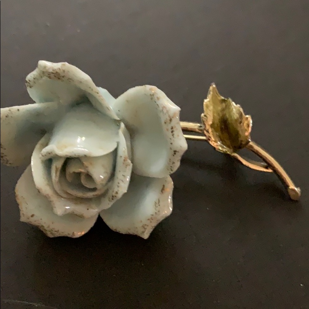 Ceramic blue rose pin on gold stem and leaf